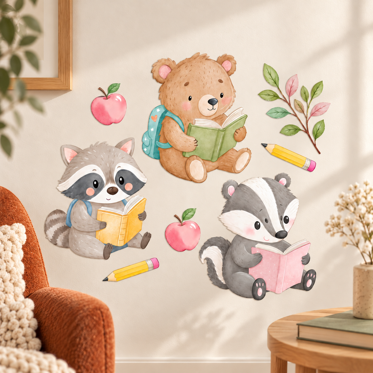 Wandtattoo mit lesendem Bären, Waschbär und Dachs zwischen Äpfeln und Stiften an der Wand einer gemütlichen Leseecke.