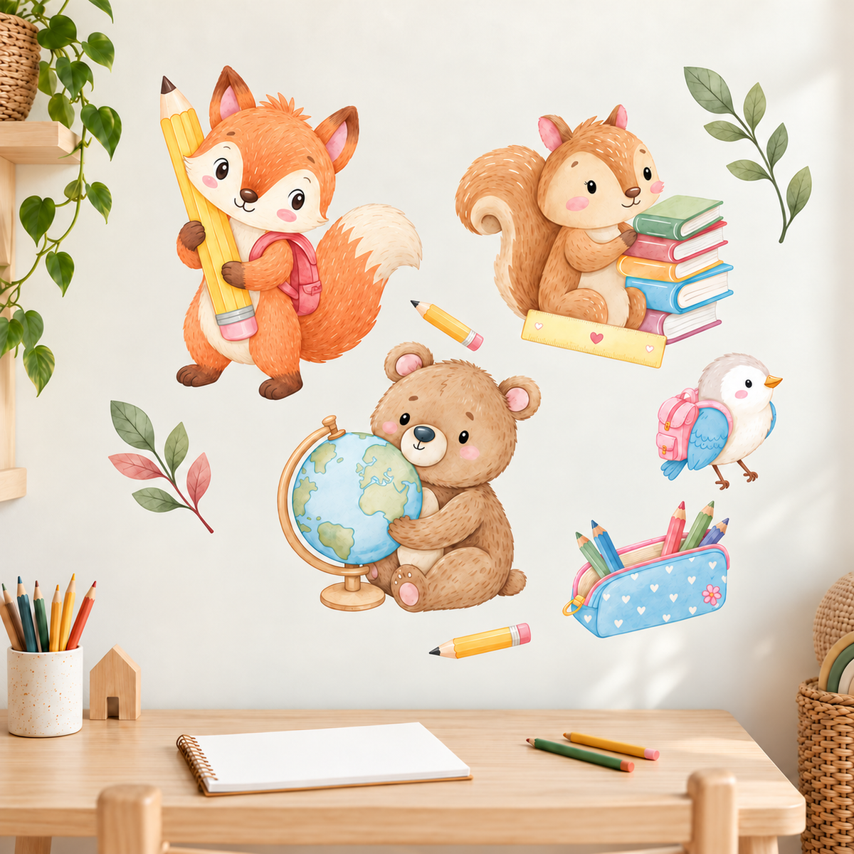Wandtattoo-Schulmotive mit Fuchs und Stift, Eichhörnchen und Büchern, Bär mit Globus sowie Vogel und Federmäppchen über einem Kinderschreibtisch.