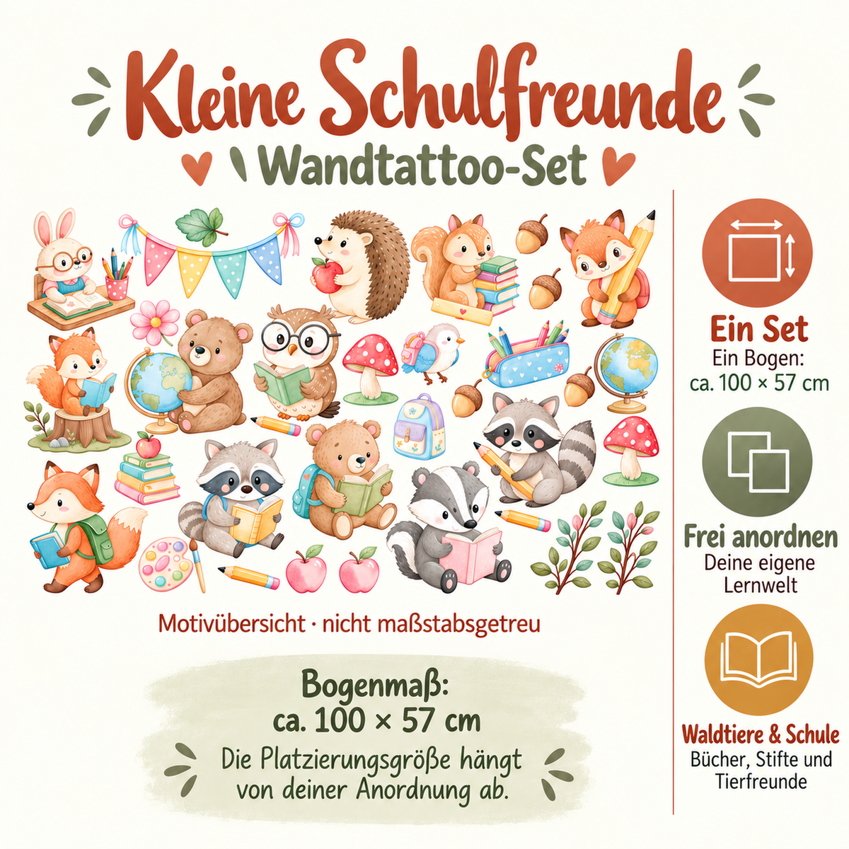 Wandtattoo-Set mit Waldtieren und Schulmotiven: Übersicht des Motivbogens mit ca. 100 × 57 cm und Hinweis zur freien Anordnung.