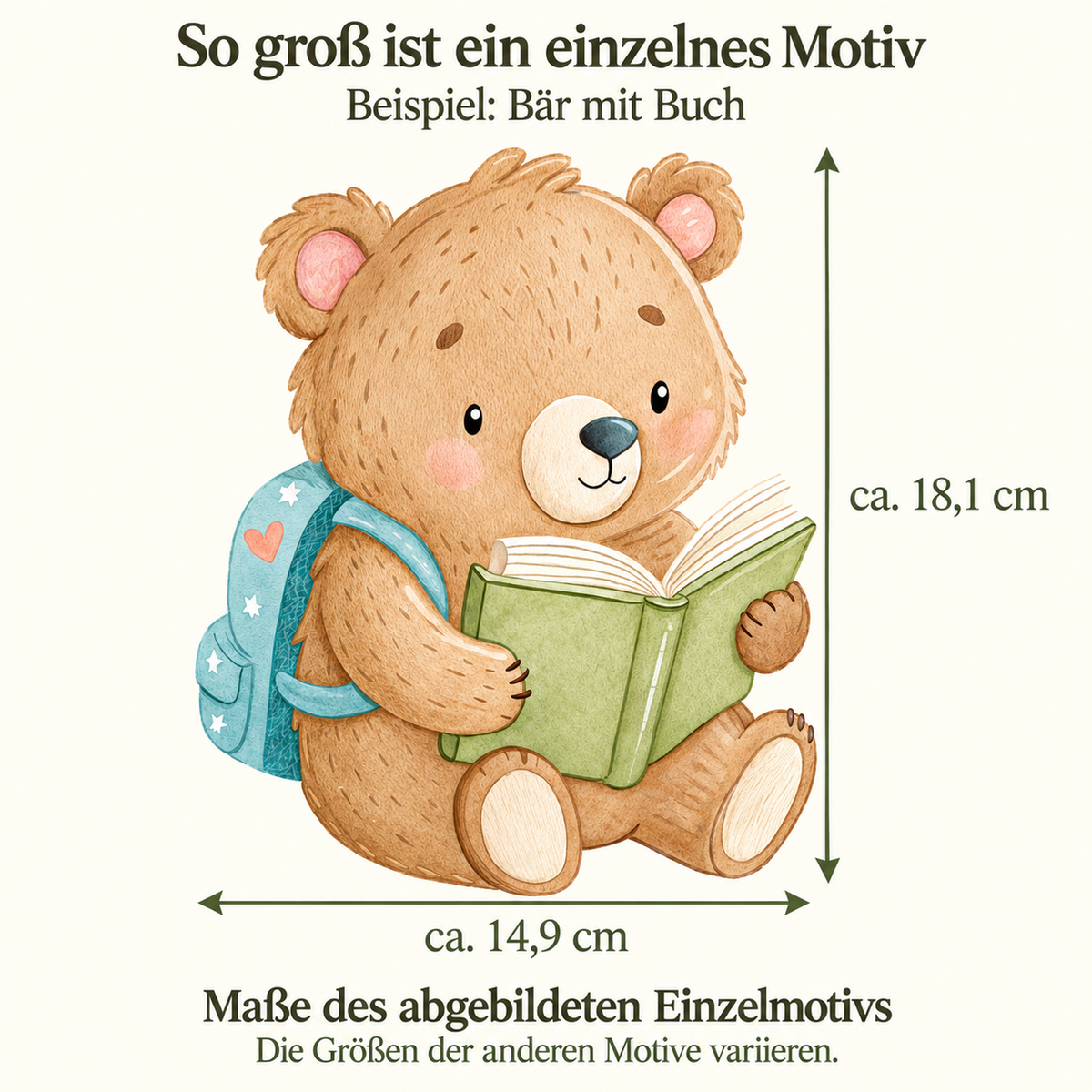 Wandtattoo-Einzelmotiv Bär mit Buch und Rucksack mit Maßpfeilen: ca. 14,9 cm breit und 18,1 cm hoch.