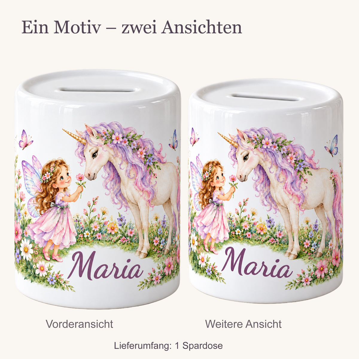 Zwei Ansichten einer personalisierten Keramikspardose mit einer Fee, einem Einhorn und einer Blumenwiese. Der Lieferumfang umfasst eine Spardose.