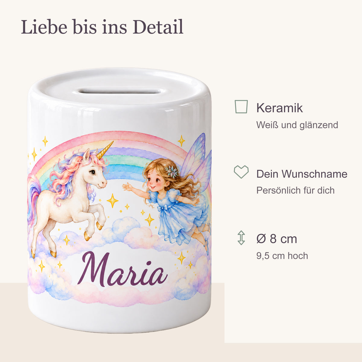 Produktübersicht der personalisierten Feen-Einhorn-Spardose: weiße glänzende Keramik, Wunschname, 8 cm Durchmesser und 9,5 cm Höhe.