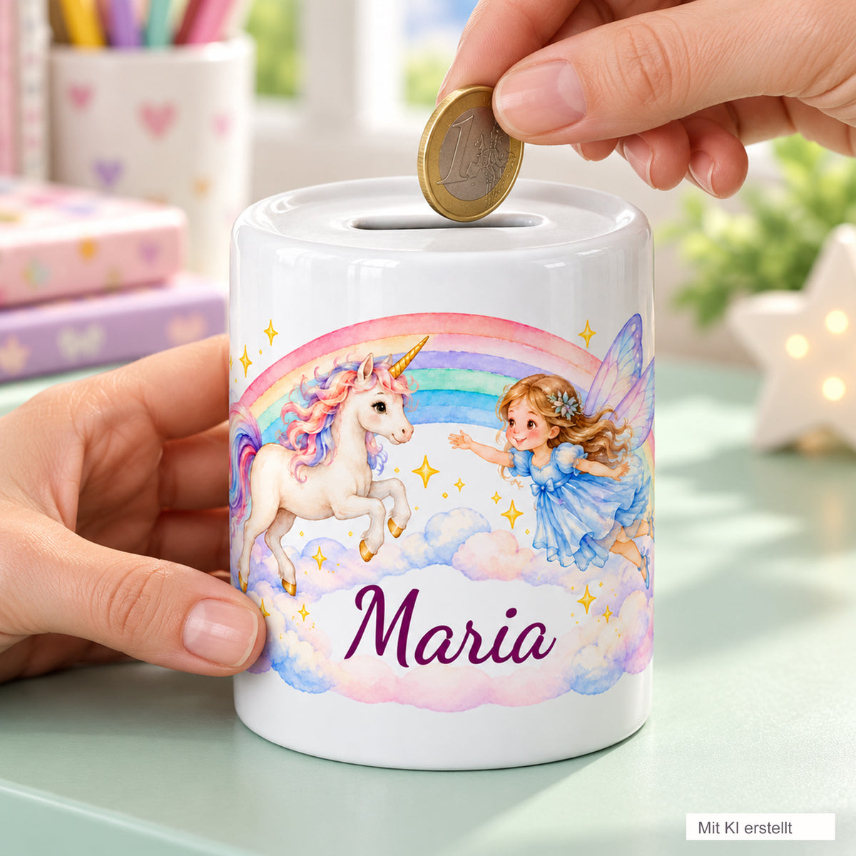 Zwei Hände halten die personalisierte Spardose mit Regenbogen, Fee und Einhorn beim Einwerfen einer Münze. Das Bild trägt den Hinweis „Mit KI erstellt“.