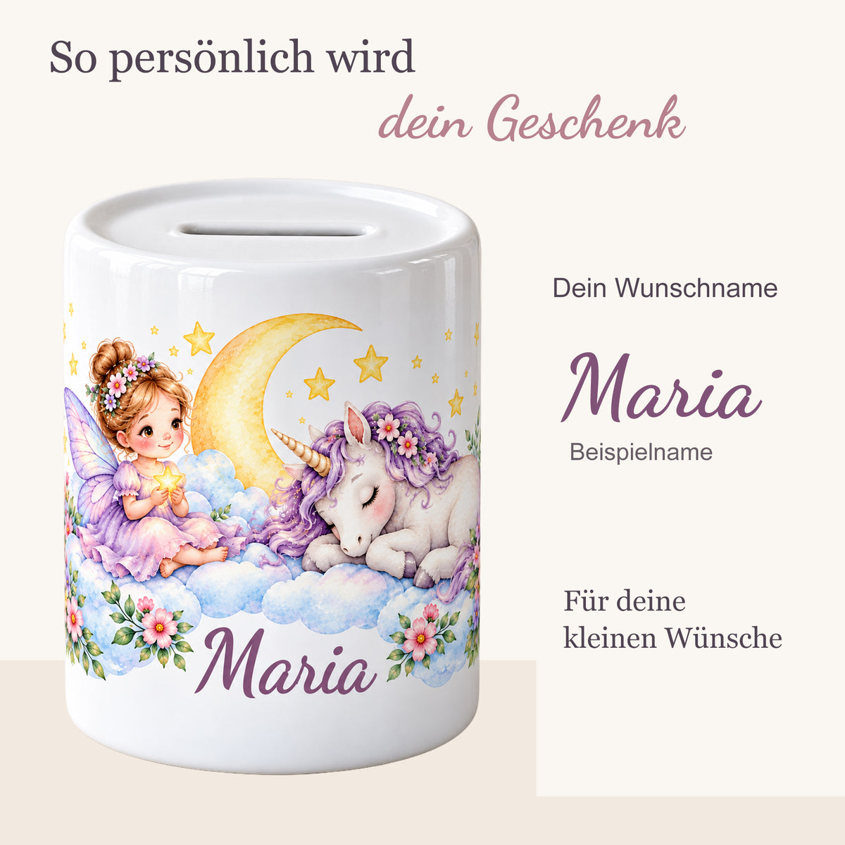 Namenspersonalisierung auf einer Keramikspardose mit einer sitzenden Fee, einem schlafenden Einhorn, Mond und Sternen; daneben ein vergrößerter Beispielschriftzug.