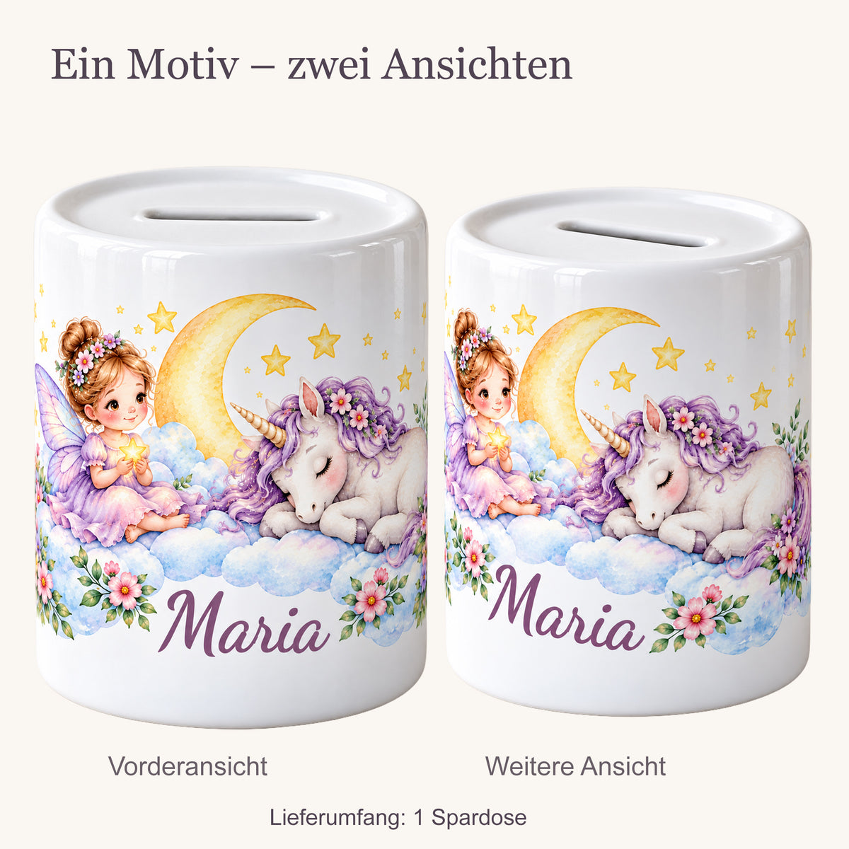 Zwei Ansichten einer personalisierten Keramikspardose mit einer sitzenden Fee, einem schlafenden Einhorn, Mond und Sternen. Der Lieferumfang umfasst eine Spardose.