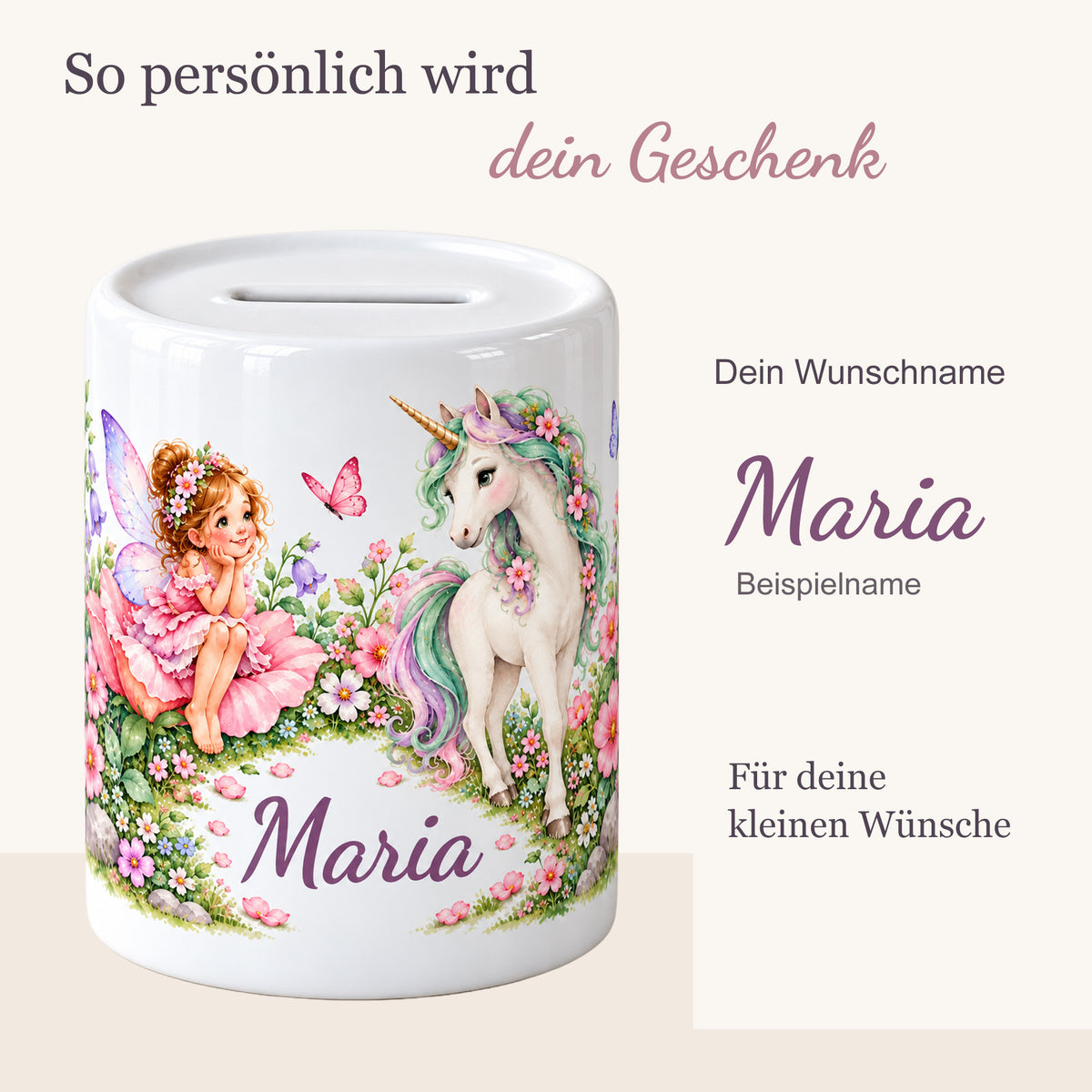 Namenspersonalisierung auf einer Keramikspardose mit einer Fee, einem Einhorn, Blumen und Schmetterlingen; daneben ein vergrößerter Beispielschriftzug.