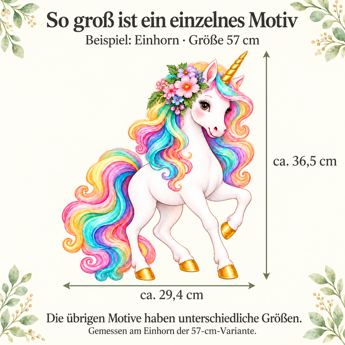 Maße des einzelnen Aquarell-Einhorns beim Set in Größe 57 Zentimeter: circa 29,4 Zentimeter breit und 36,5 Zentimeter hoch.