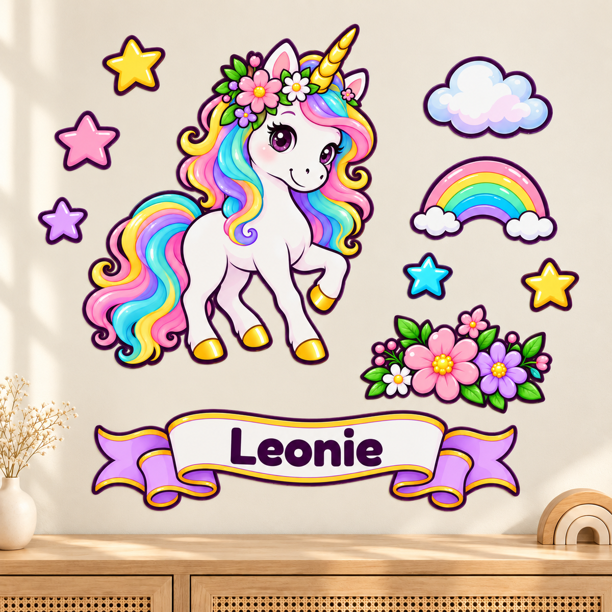 Kawaii-Wandtattoo-Set mit Einhorn, Regenbogen, Wolke, Blumen, fünf Sternen und Namensbanner auf cremefarbener Wand über einer Holzkommode.