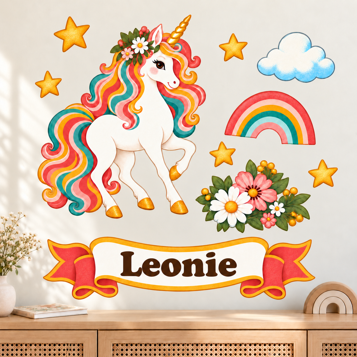 Retro-Einhorn-Wandtattoo mit Regenbogen, Wolke, Blüten, fünf Sternen und Namensbanner über einer hellen Holzkommode.