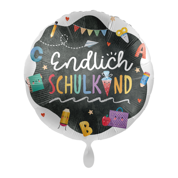 Luftballon mit buntem "Endlich Schulkind"-Design auf schwarzem Hintergrund.