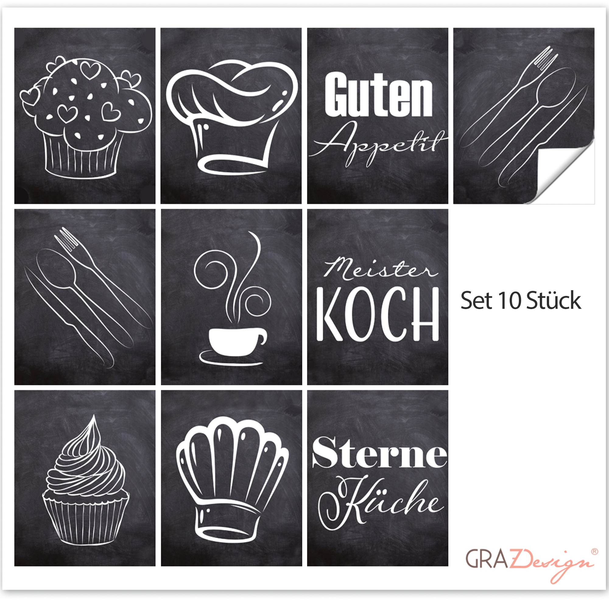Küche Deko Set, schwarz-weiß, 10 Stück, kulinarische Motive