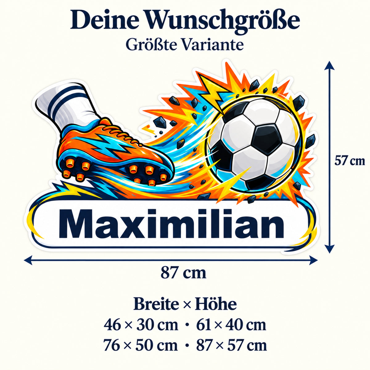 Fußball-Sticker Power-Schuss: Größenübersicht mit Breite und Höhe