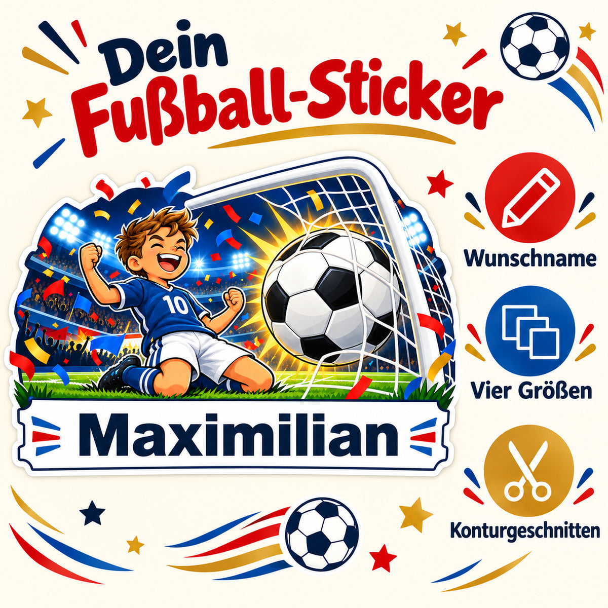 Fußball-Sticker Torjubel: Personalisierung mit Name auf weißem Banner