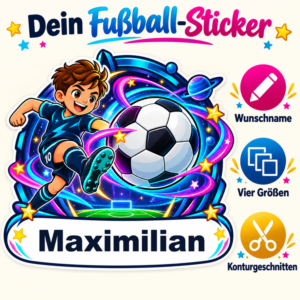 Fußball-Sticker Fußballzauber: Personalisierung mit Name auf weißem Banner