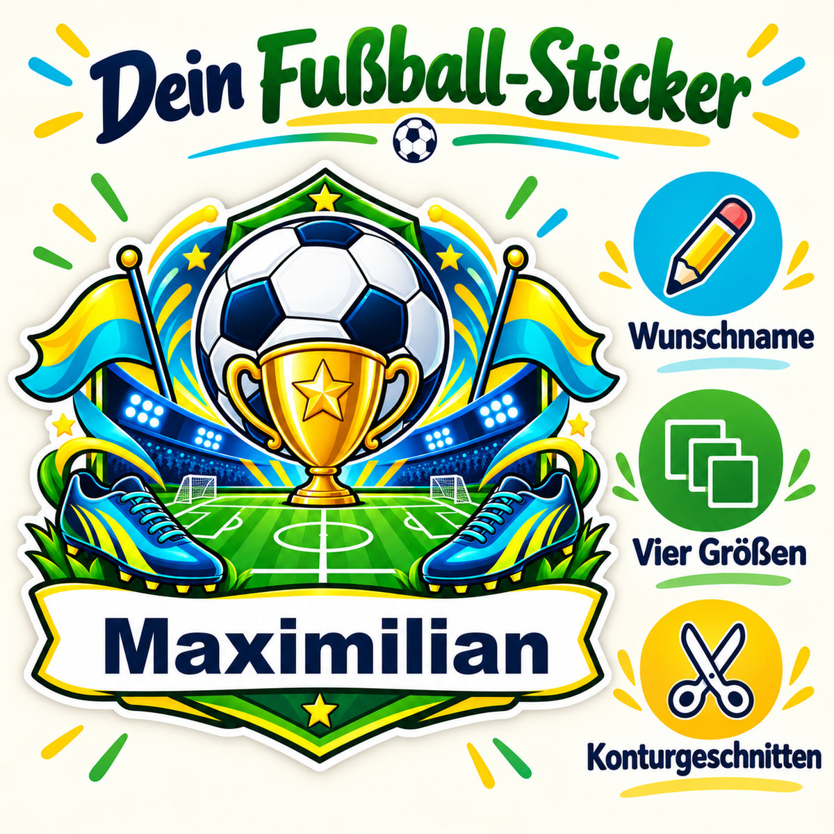 Fußball-Sticker Spielfeldheld: Personalisierung mit Name auf weißem Banner