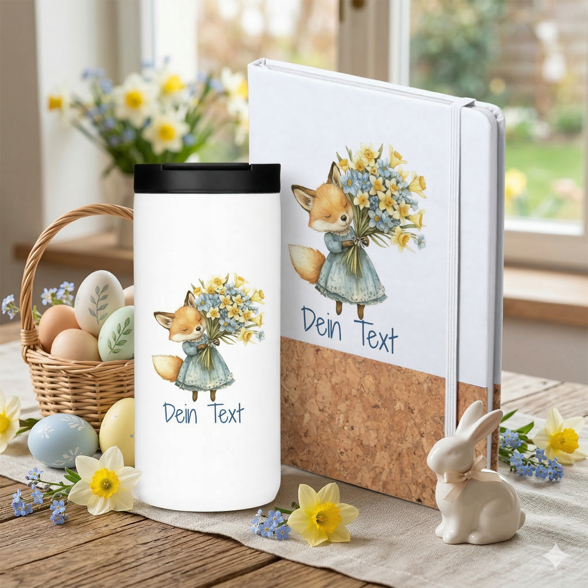 Becher mit Fuchs, blauer Farbe, personalisierbar, Notizbuch im Hintergrund.
