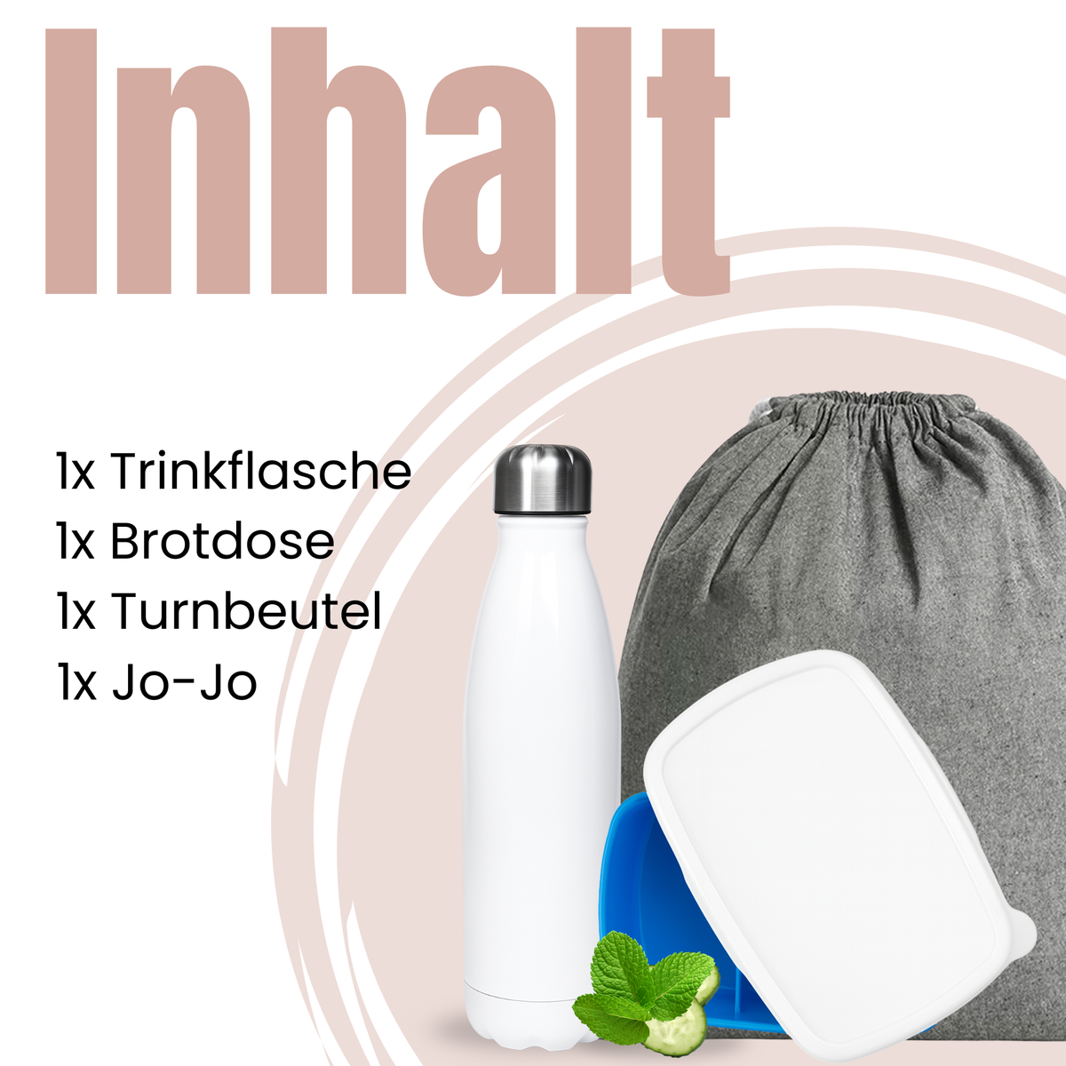 Trinkflasche, grauer Turnbeutel, blaue Brotdose, Jo-Jo.