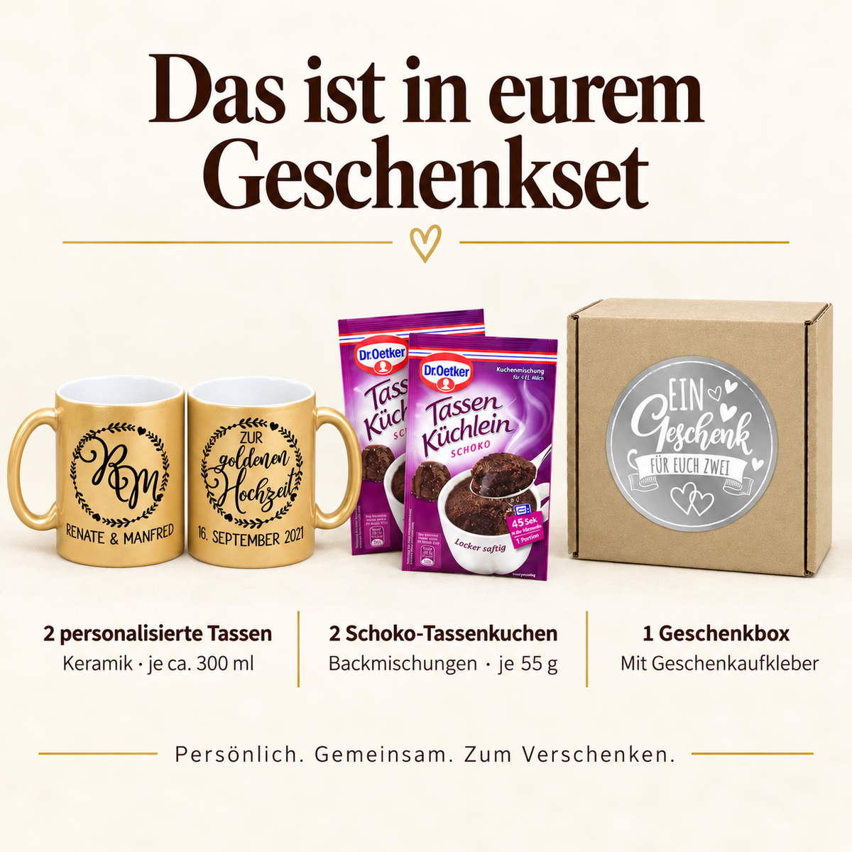 Lieferumfang: zwei personalisierte Keramiktassen mit je ca. 300 ml, zwei Schoko-Tassenkuchen-Backmischungen mit je 55 g und eine Geschenkbox.