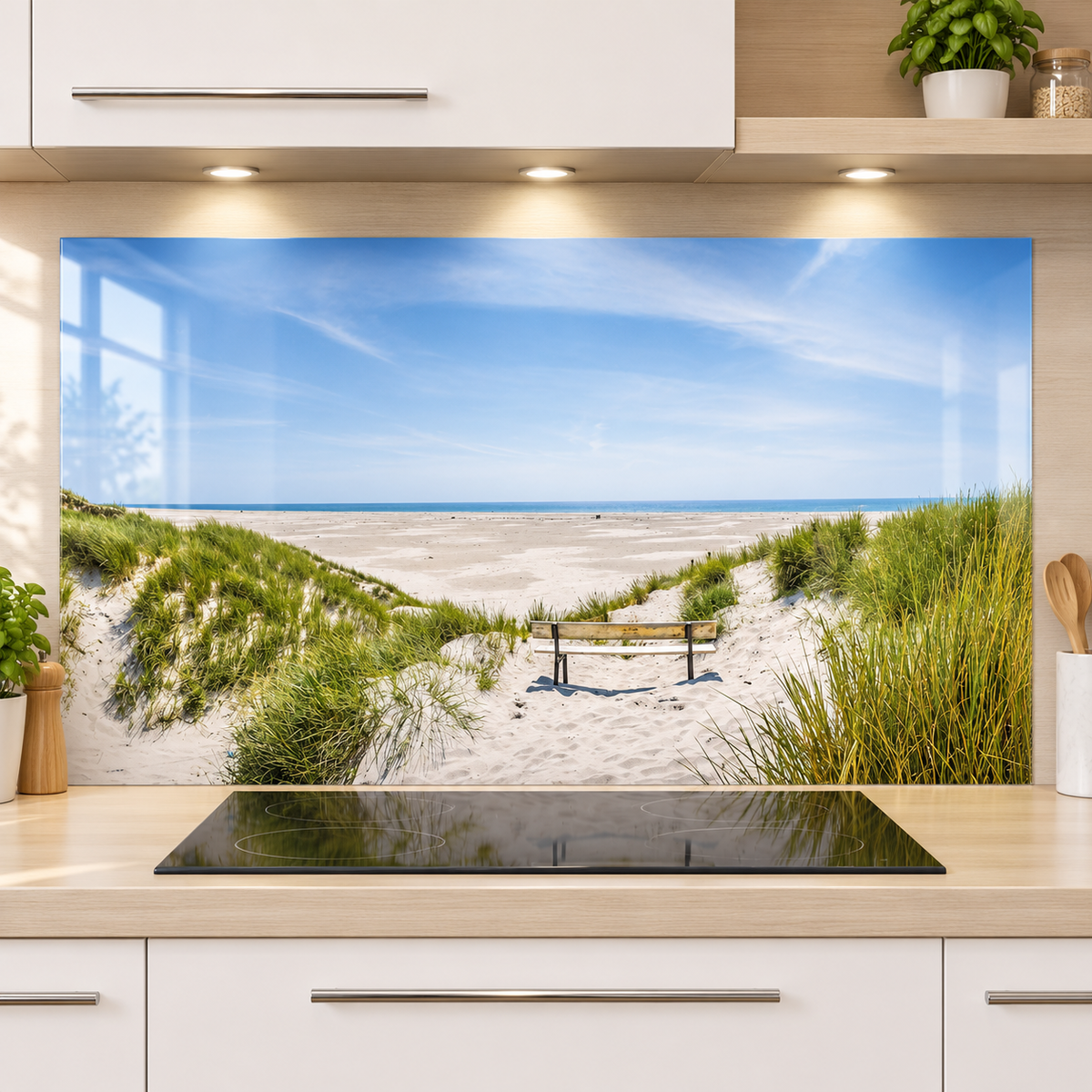 Glas-Spritzschutz Strand mit Dünen und Bank in einer Küche