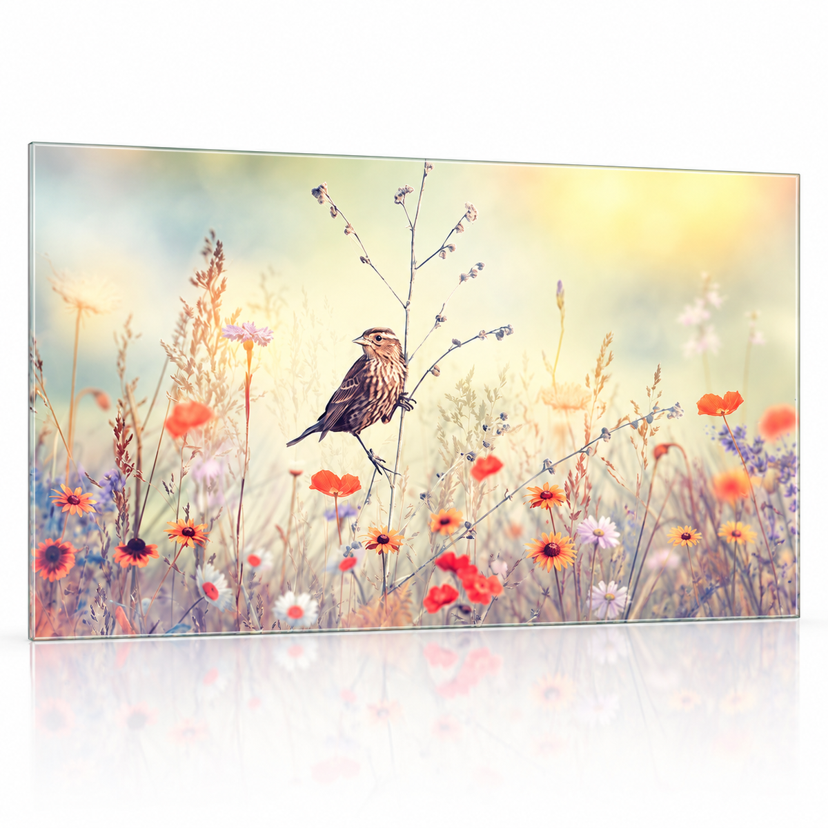 Glas-Spritzschutz Vogel in der Blumenwiese als freigestellte Glasplatte