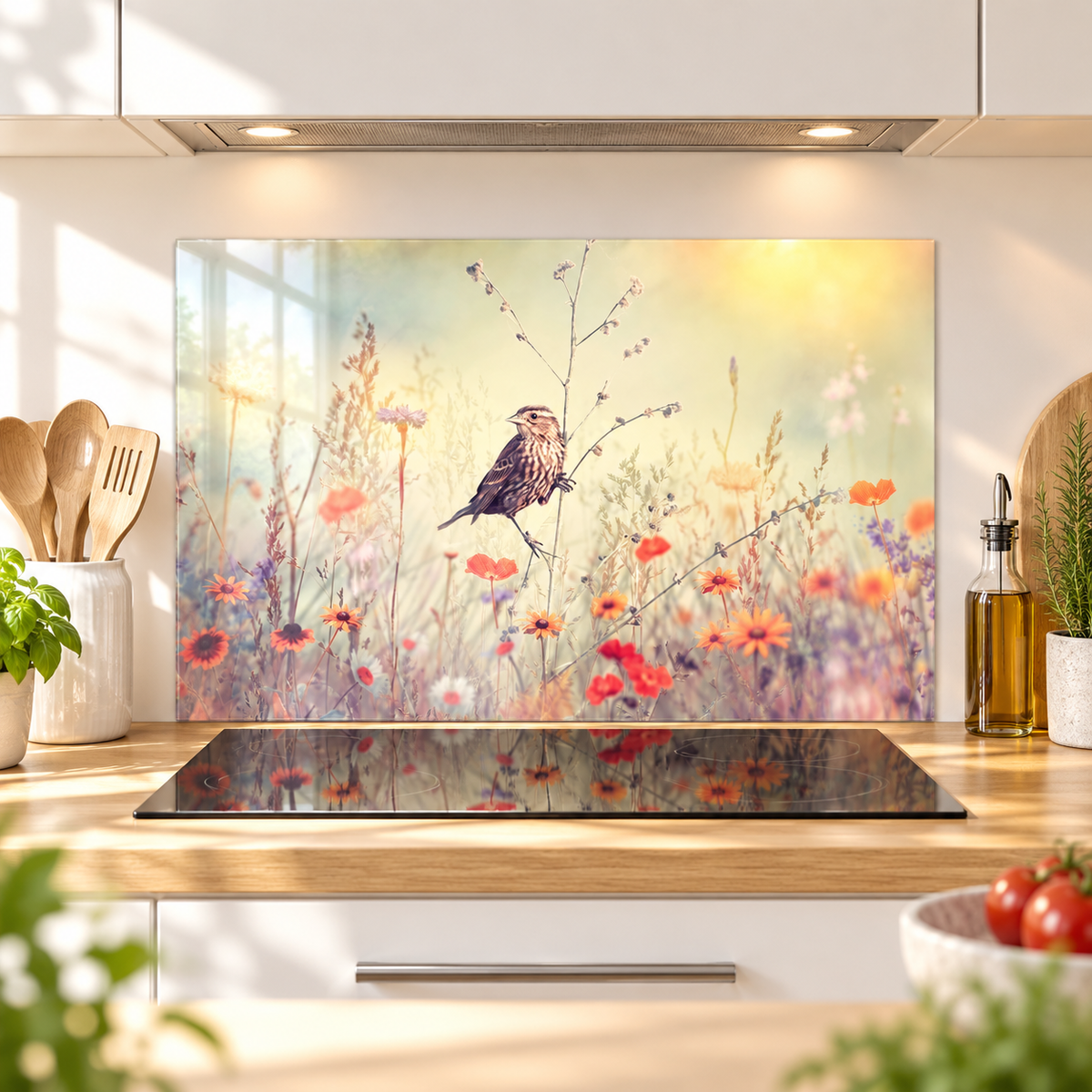 Glas-Spritzschutz Vogel in der Blumenwiese in einer Küche