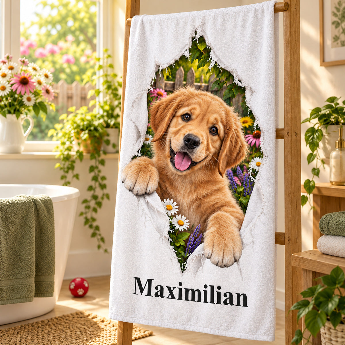 Handtuch mit Golden-Retriever-Welpen und Wunschname, schräg aufgehängt