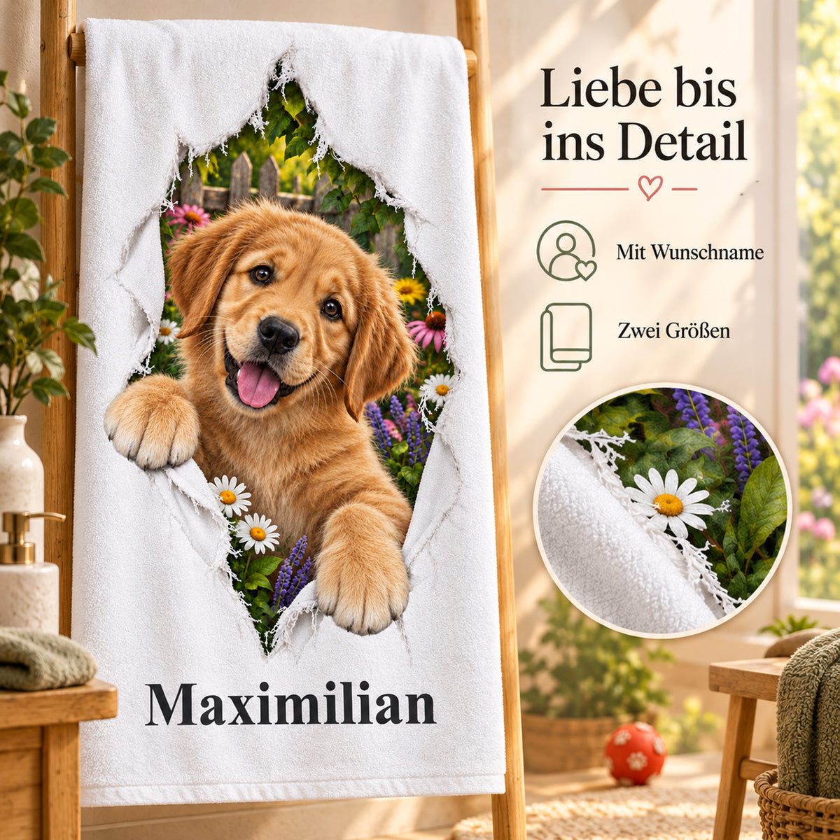 Handtuch mit Golden-Retriever-Welpen und Wunschname, mit Hinweisen zu Wunschname und Größen