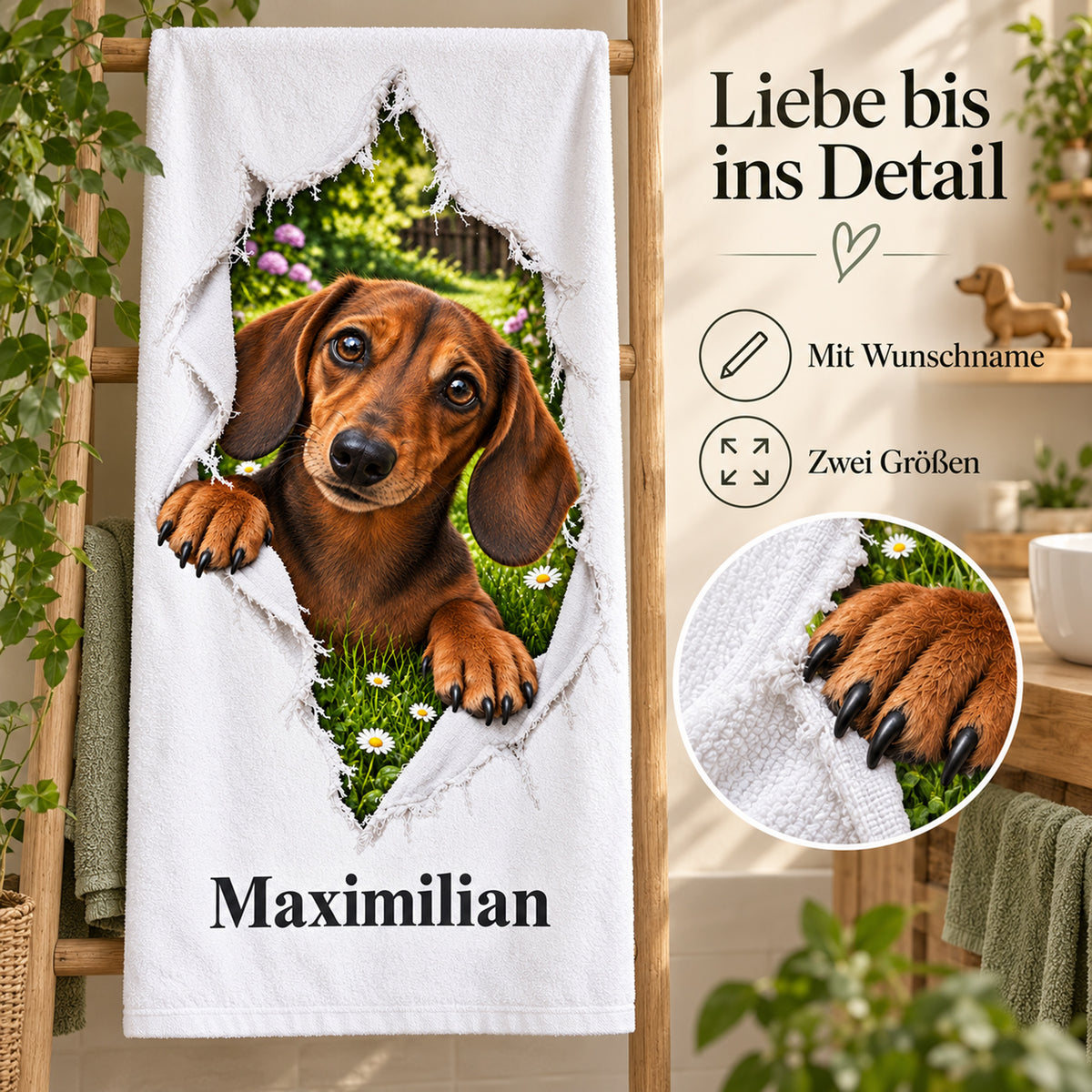 Handtuch mit Dackel und Wunschname, mit Hinweisen zu Wunschname und Größen