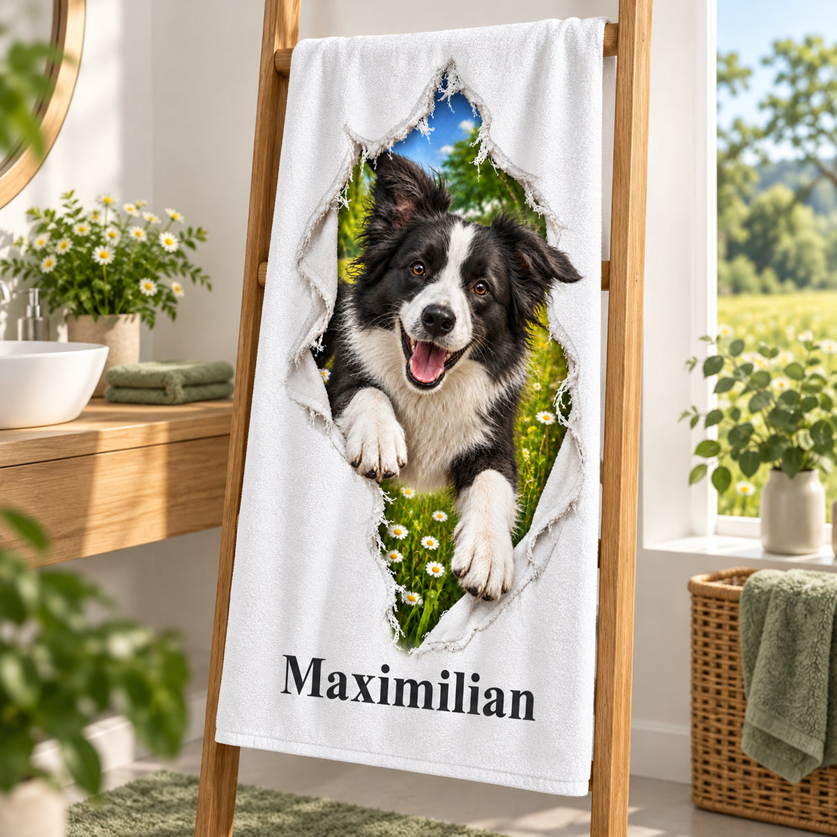 Handtuch mit Border Collie und Wunschname, schräg aufgehängt