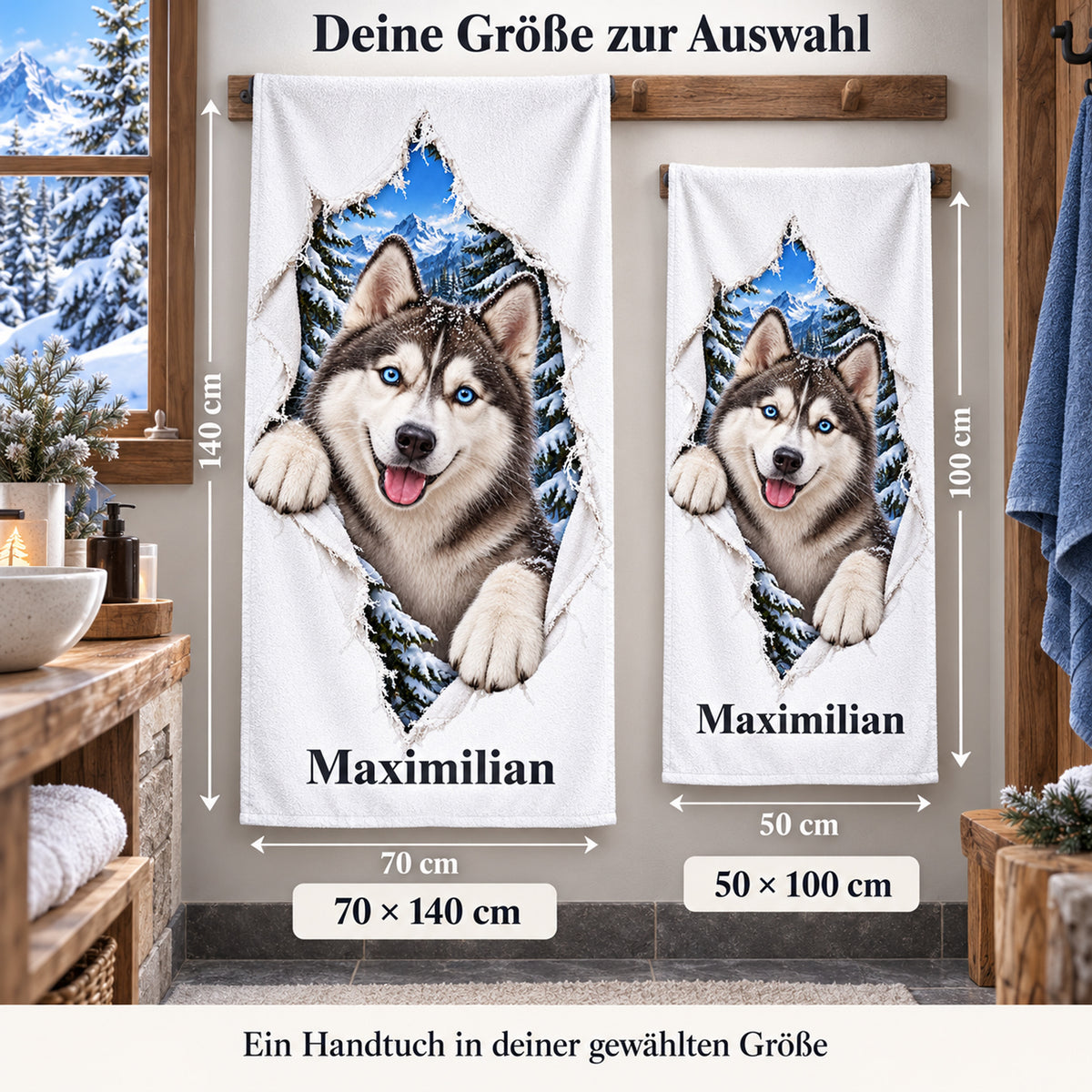 Handtuch mit Husky und Wunschname, in den Größen 50 × 100 und 70 × 140 cm
