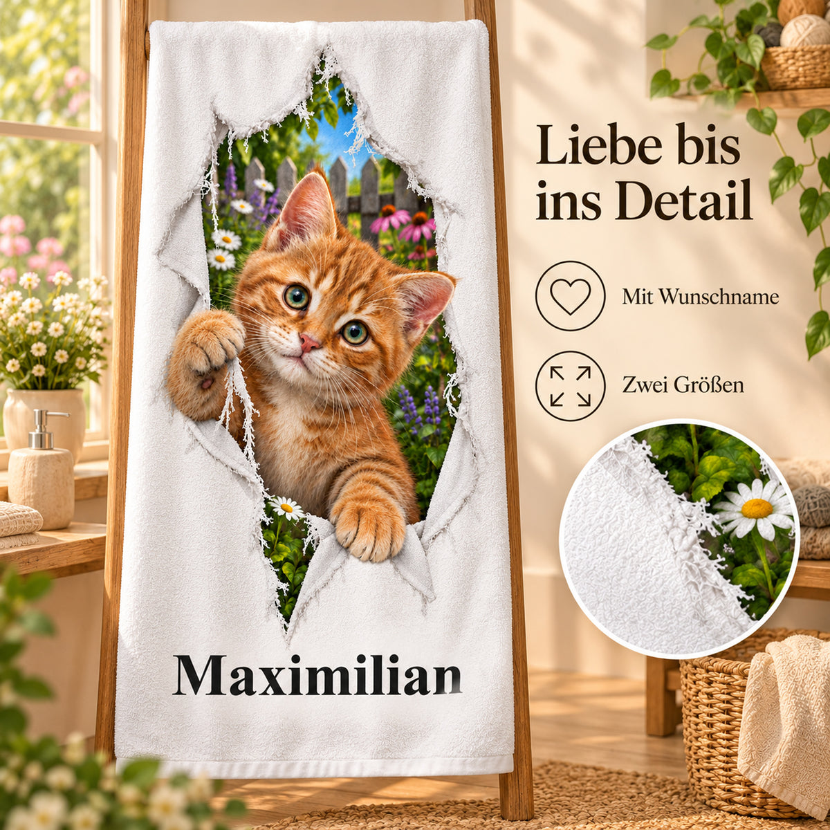 Handtuch mit Kätzchen und Wunschname, mit Hinweisen zu Wunschname und Größen