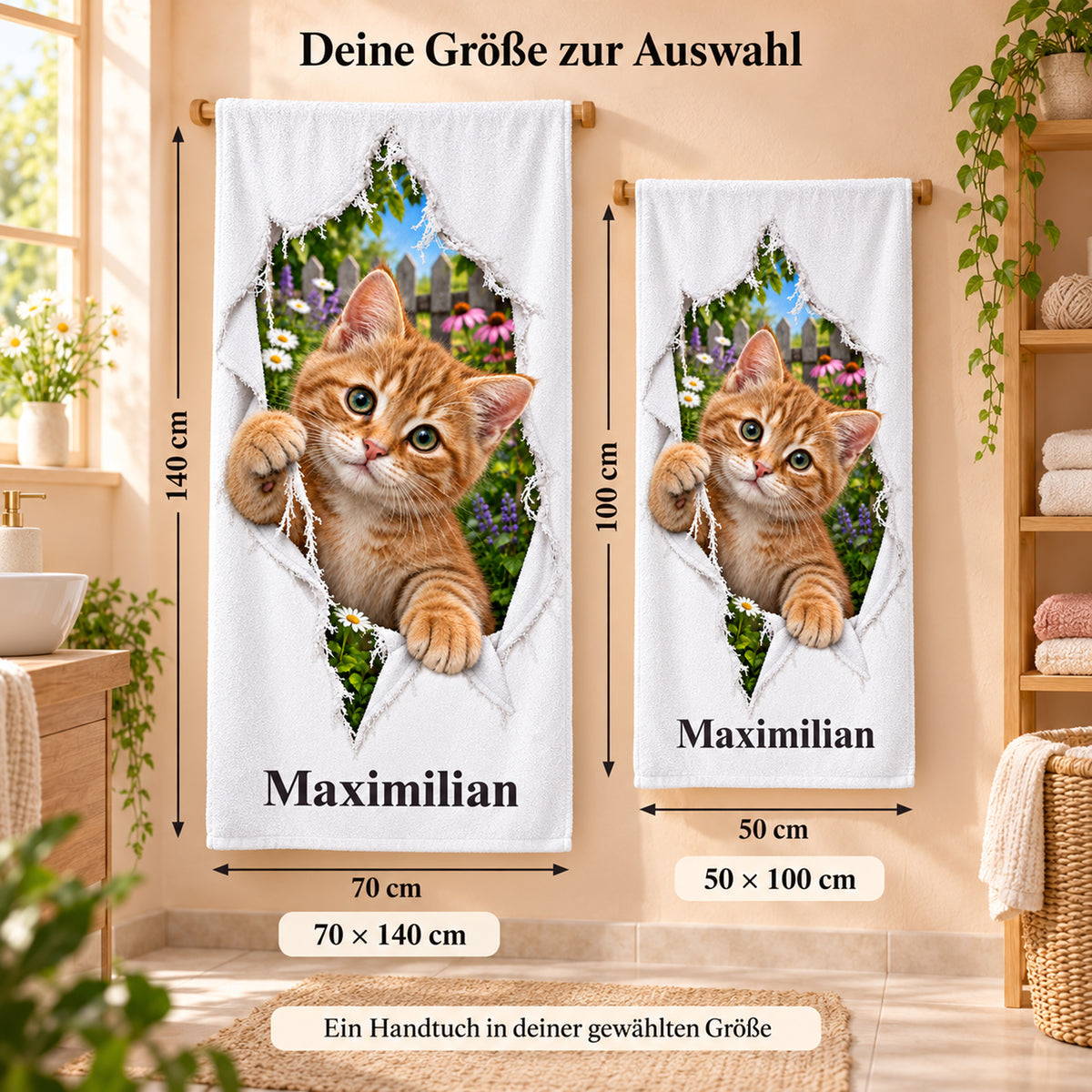 Handtuch mit Kätzchen und Wunschname, in den Größen 50 × 100 und 70 × 140 cm