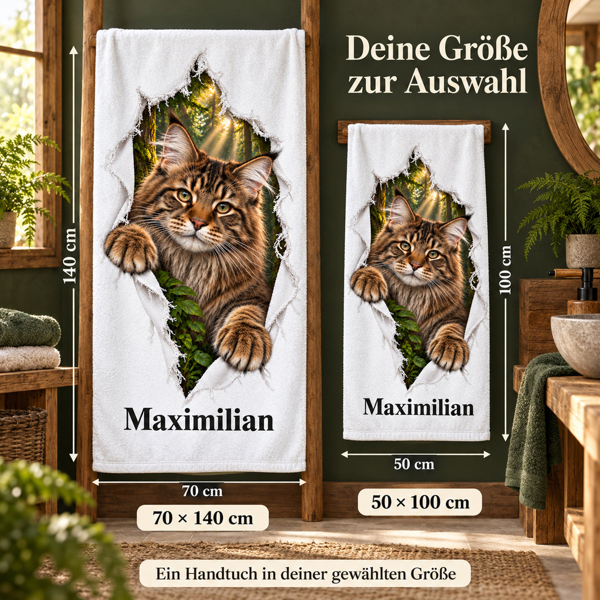 Handtuch mit Maine Coon und Wunschname, in den Größen 50 × 100 und 70 × 140 cm