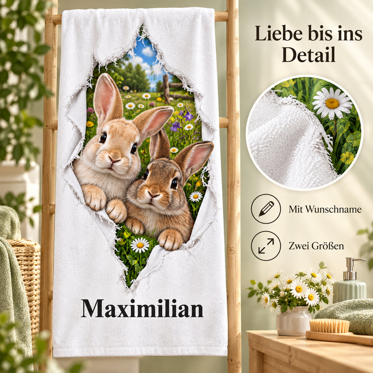 Handtuch mit Kaninchenpaar und Wunschname, mit Hinweisen zu Wunschname und Größen