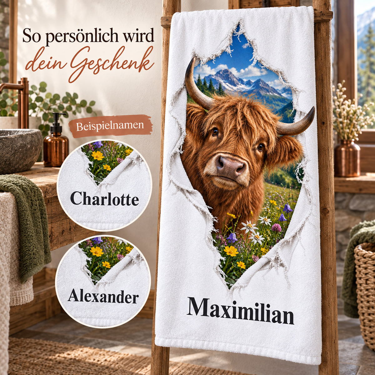 Handtuch mit Hochlandrind und Wunschname, mit Details der Namenspersonalisierung