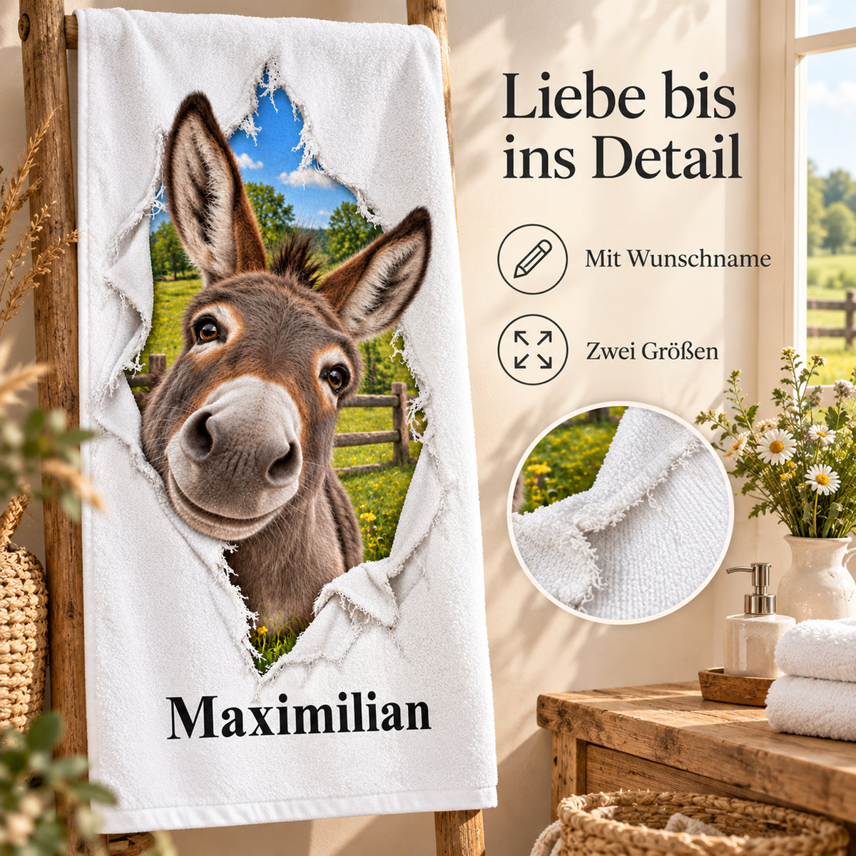 Handtuch mit Esel und Wunschname, mit Hinweisen zu Wunschname und Größen