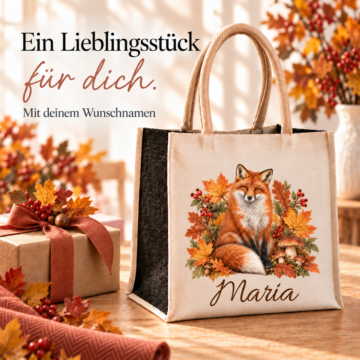 Einkaufstasche mit herbstlichem Fuchs-Motiv und Wunschname neben einem verpackten Geschenk.