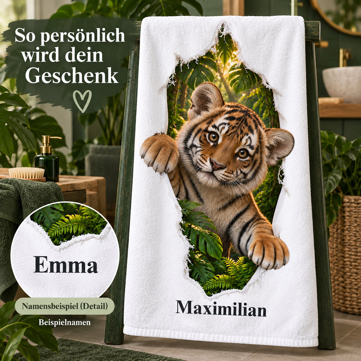 Tiger-Handtuch mit Namensaufdruck und Detailausschnitt eines weiteren Namensbeispiels