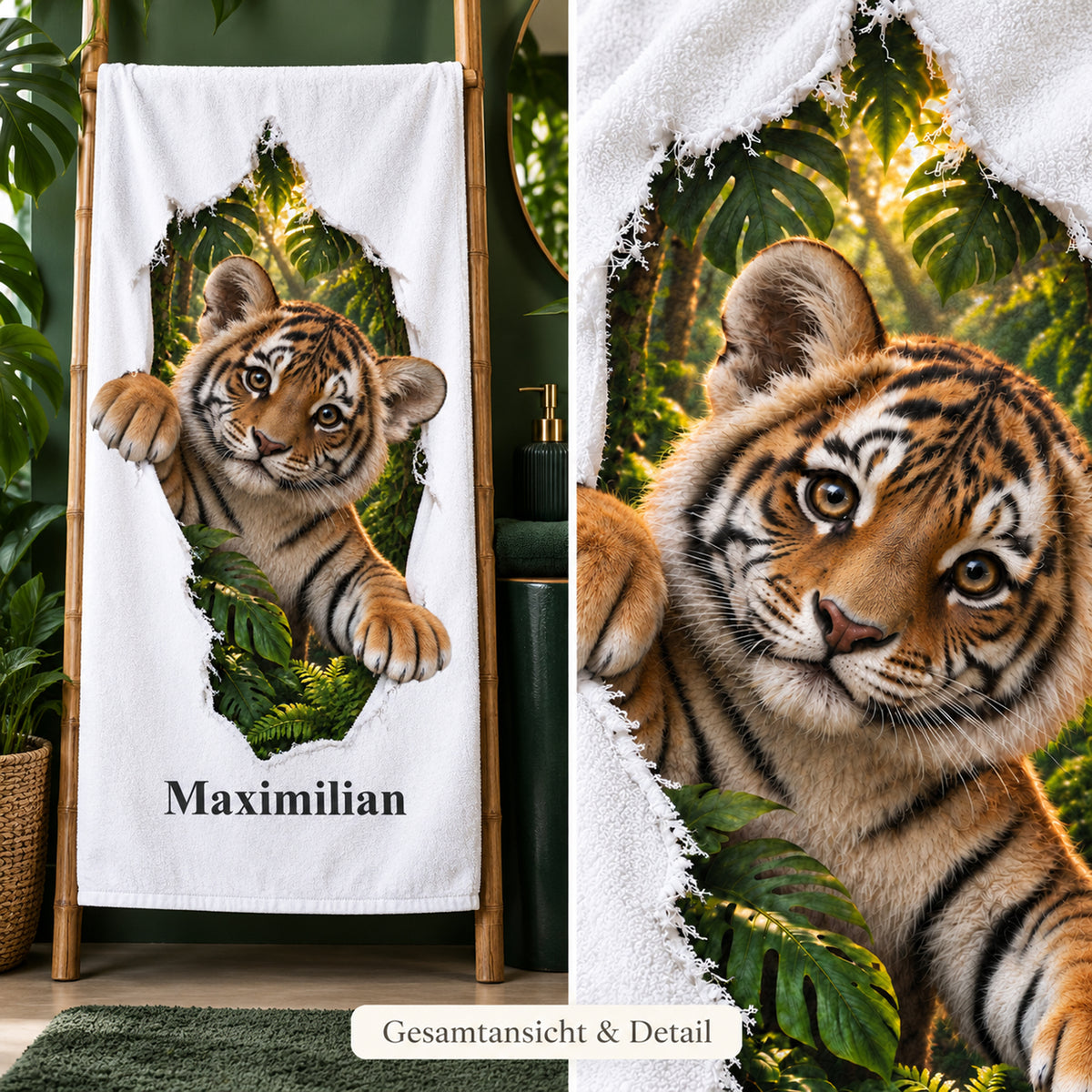 Gesamtansicht des personalisierten Tiger-Handtuchs mit Nahaufnahme des gedruckten Tiermotivs