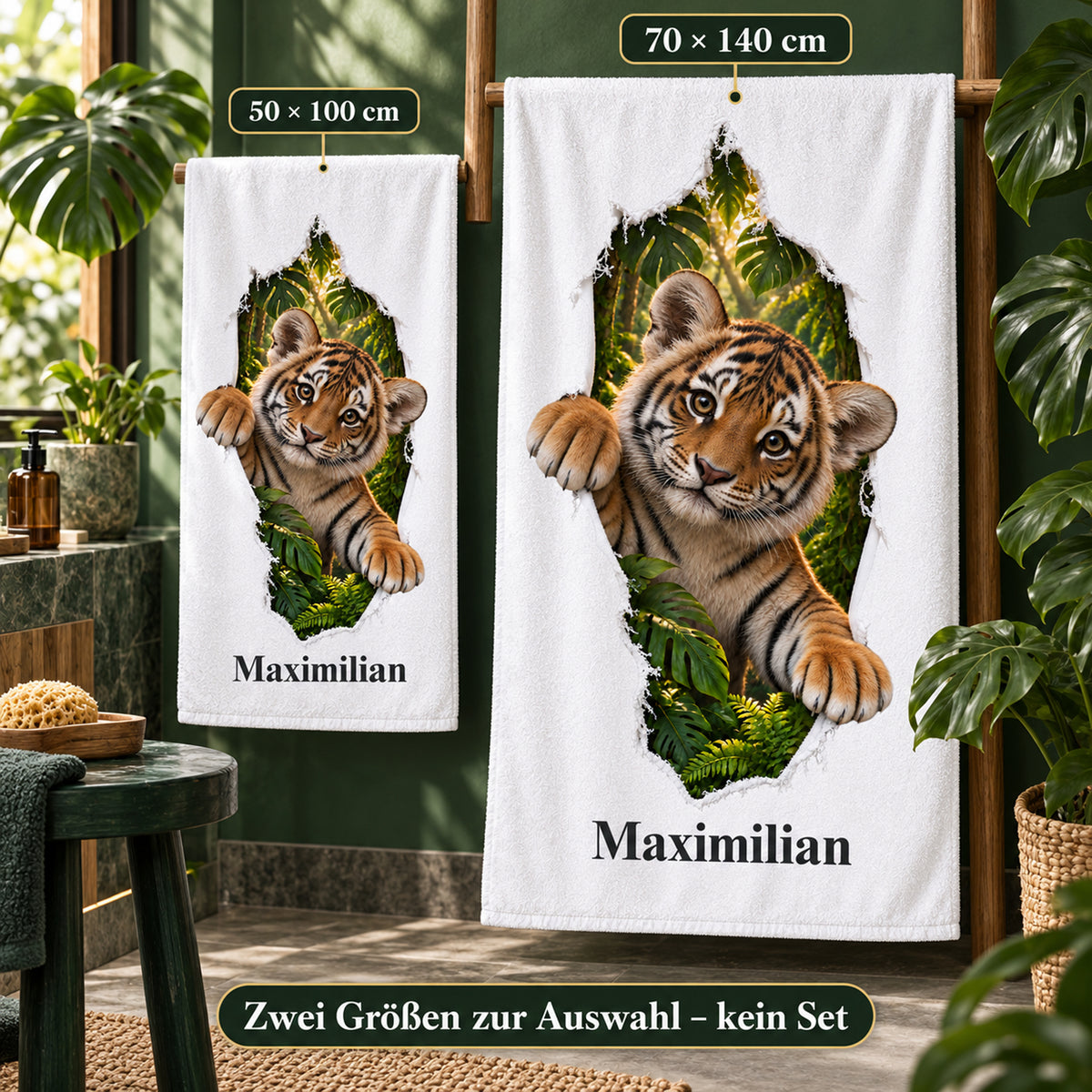 Tiger-Handtuch mit Namen in den beiden wählbaren Größen 50 mal 100 und 70 mal 140 Zentimeter
