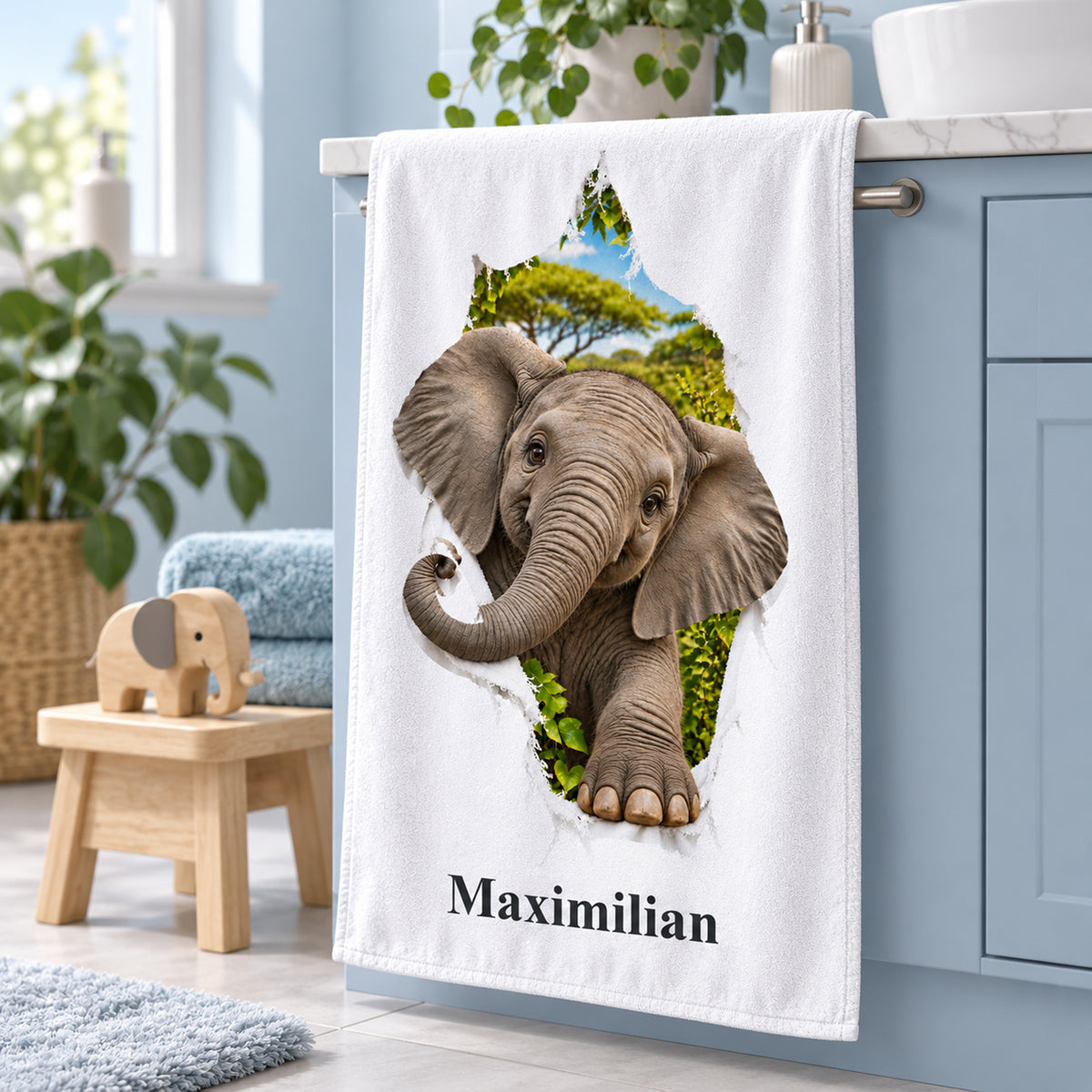 Personalisiertes Elefant-Handtuch aus einer seitlichen Perspektive im Badezimmer