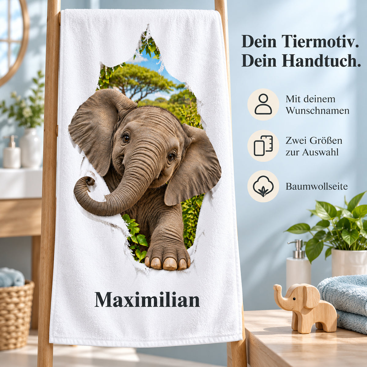 Handtuch mit Elefant-Motiv, Namensaufdruck und Hinweisen zu Produkt und Größen