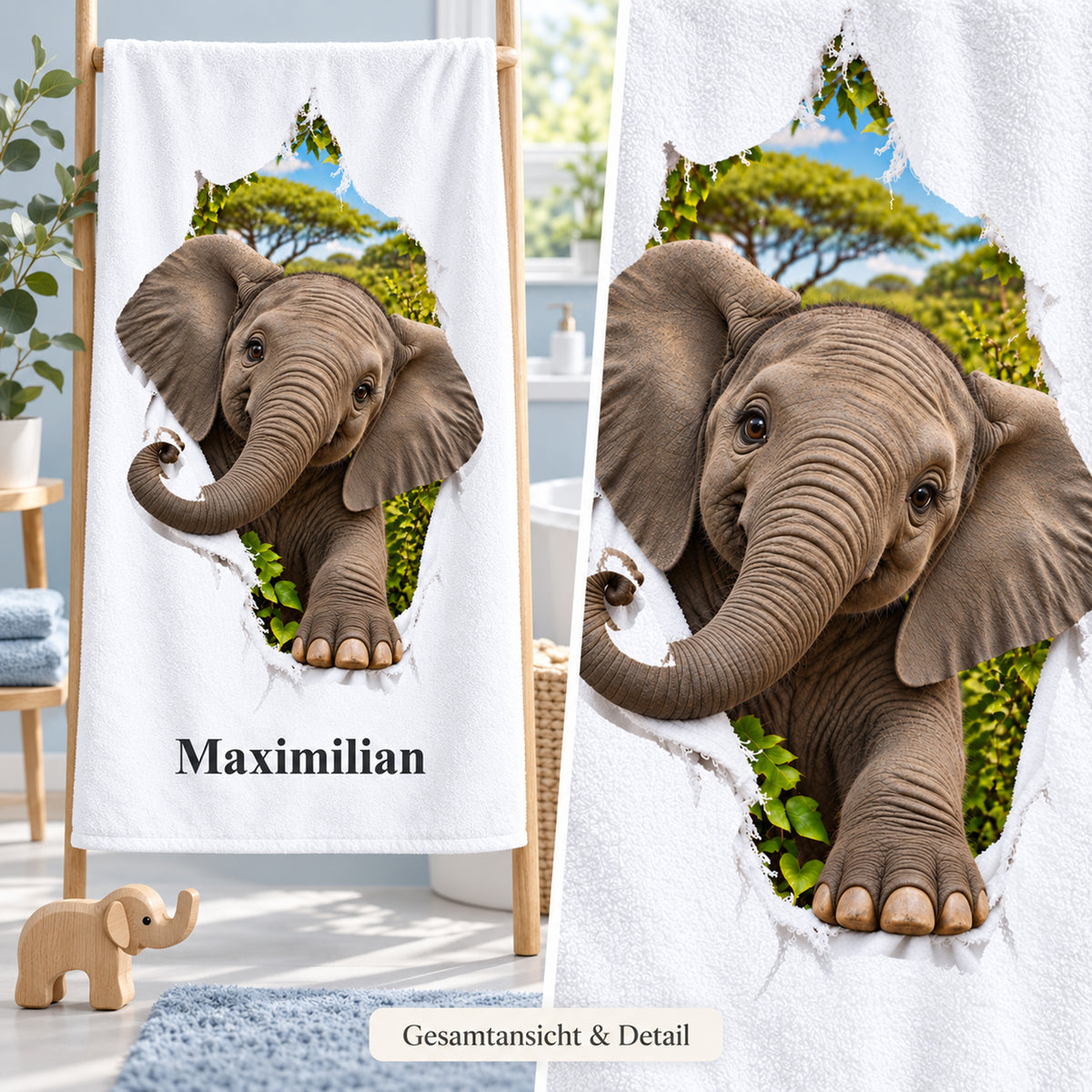 Gesamtansicht des personalisierten Elefant-Handtuchs mit Nahaufnahme des gedruckten Tiermotivs