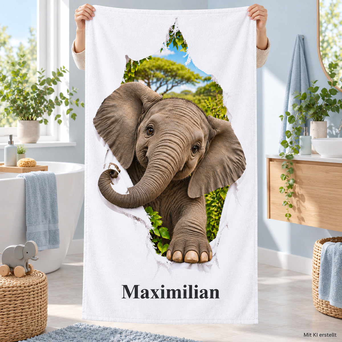 Hände halten ein Handtuch mit Elefant-Motiv und Namensaufdruck im Badezimmer