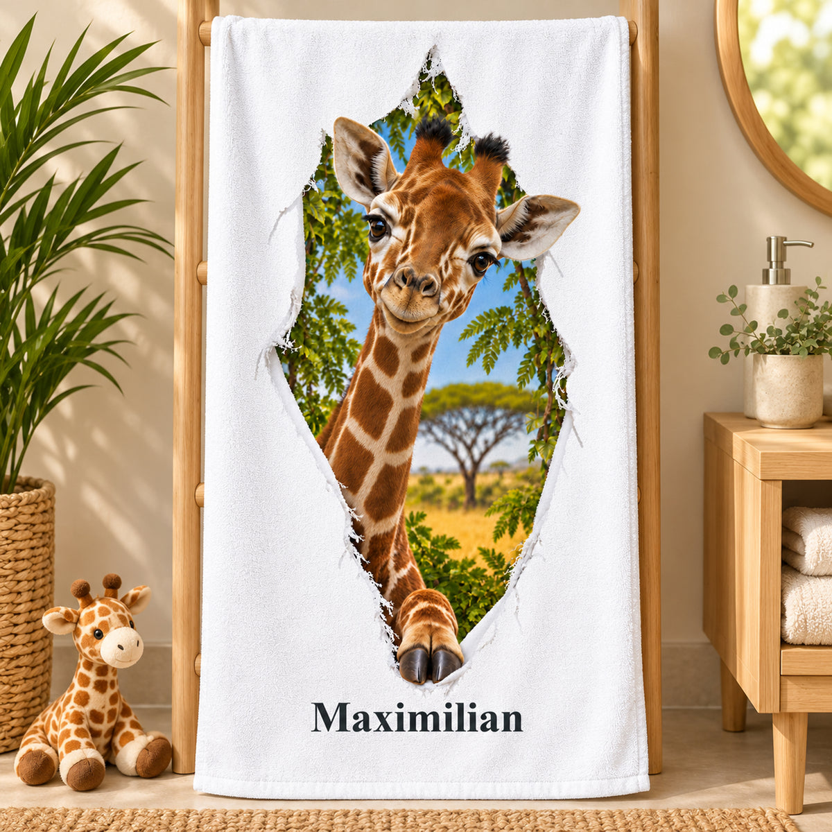 Handtuch mit Giraffe-Motiv und Namensaufdruck im thematisch gestalteten Badezimmer