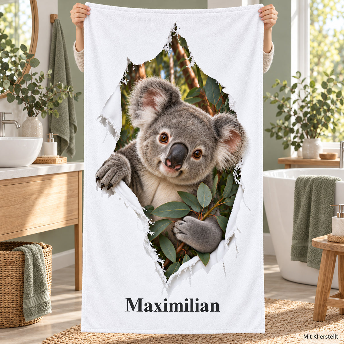 Hände halten ein Handtuch mit Koala-Motiv und Namensaufdruck im Badezimmer