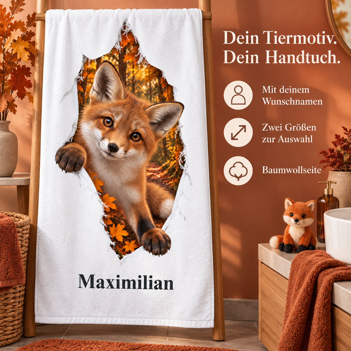 Handtuch mit Fuchs-Motiv, Namensaufdruck und Hinweisen zu Produkt und Größen
