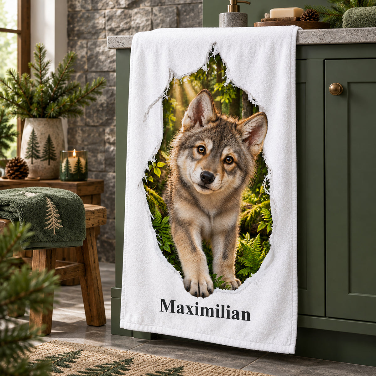 Personalisiertes Wolf-Handtuch aus einer seitlichen Perspektive im Badezimmer
