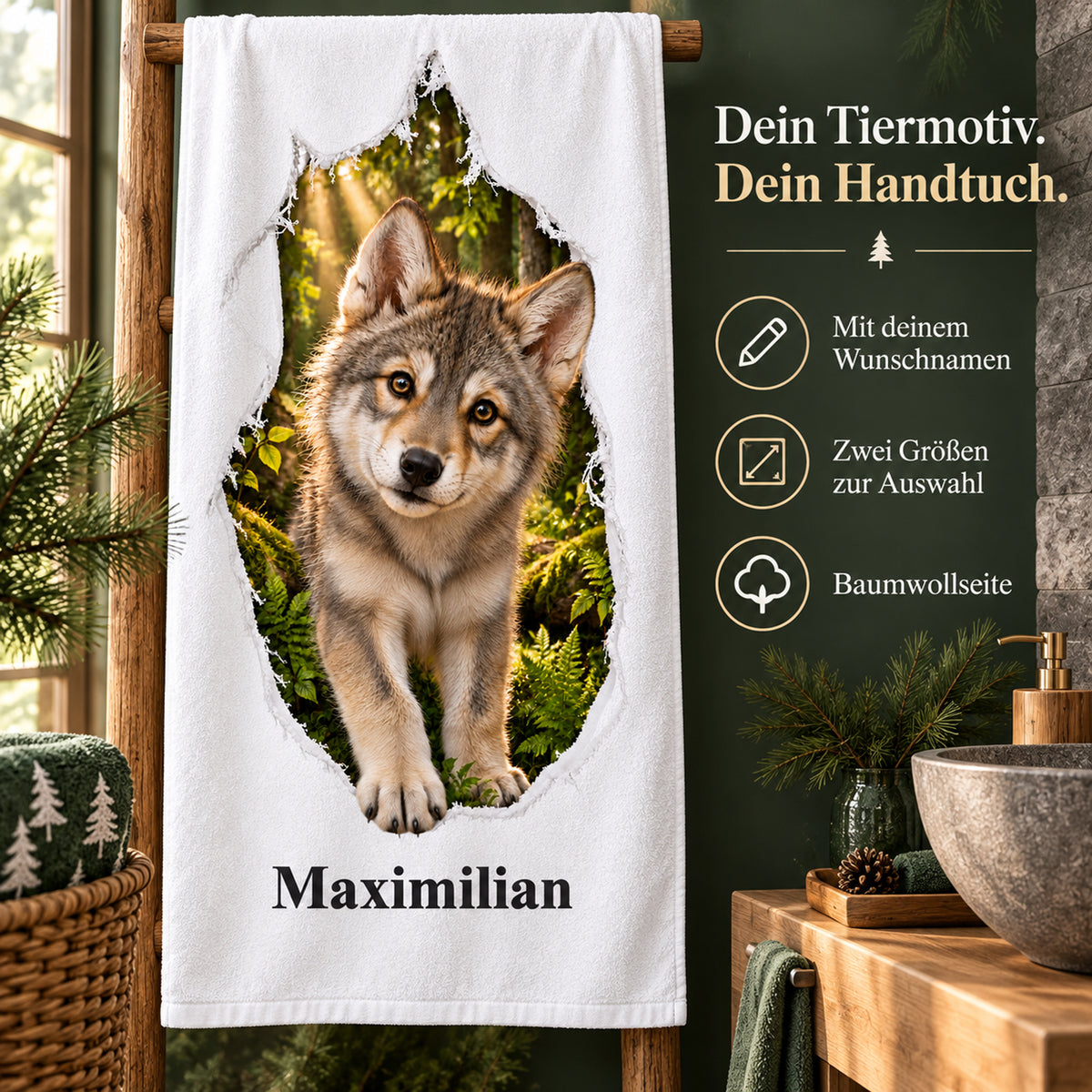 Handtuch mit Wolf-Motiv, Namensaufdruck und Hinweisen zu Produkt und Größen