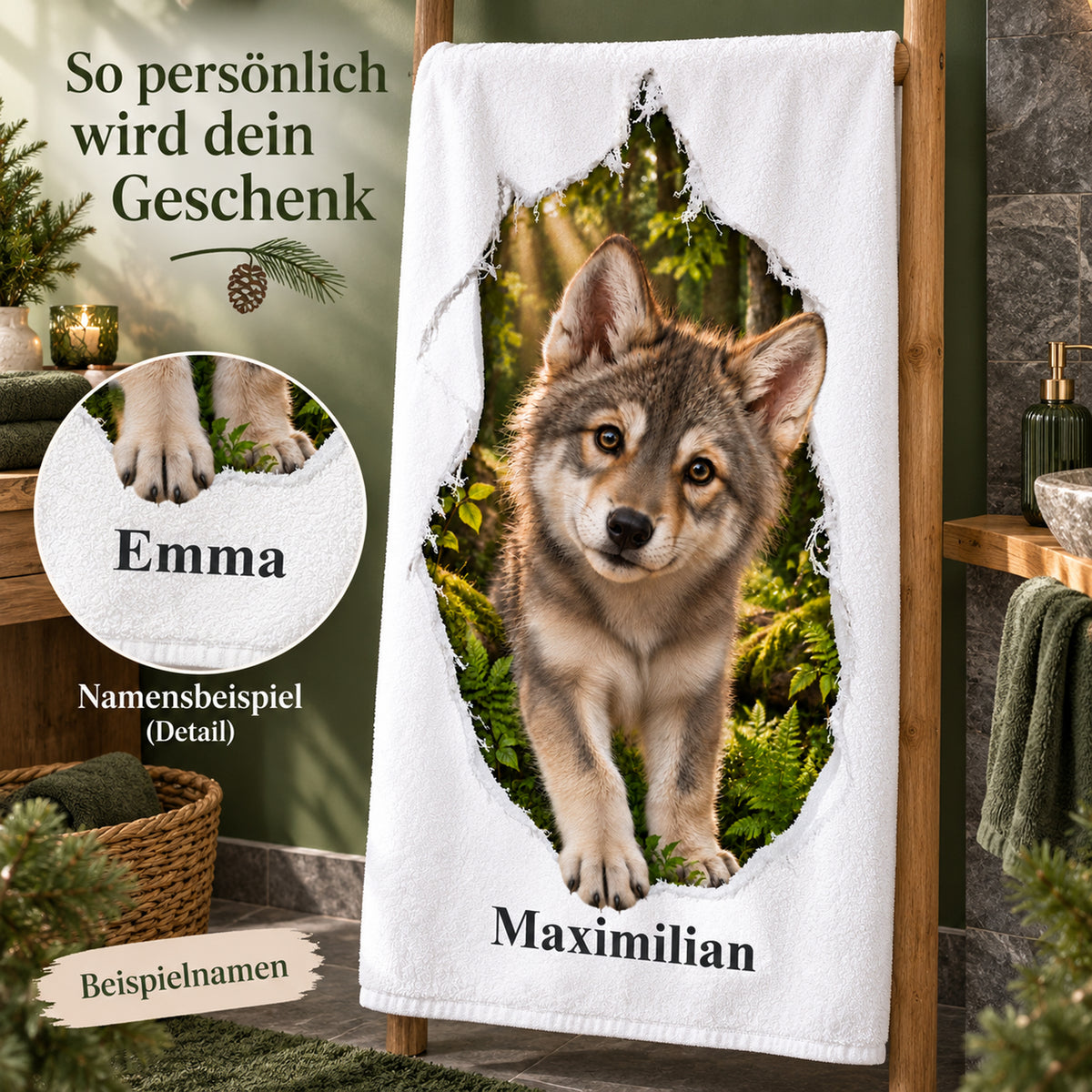 Wolf-Handtuch mit Namensaufdruck und Detailausschnitt eines weiteren Namensbeispiels
